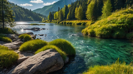 Panorama of a mountain river in the Altai Republic, Russia