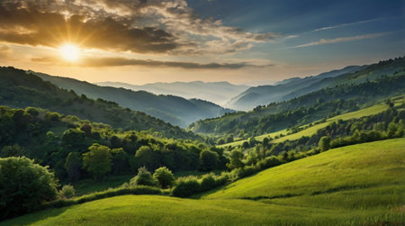 Sunset over the mountains in summer. Carpathian, Ukraineの写真素材
