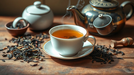Tea cup and teapot on old wooden table, closeupの写真素材