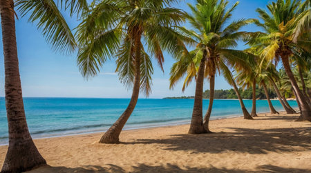 Tropical beach with coconut palm trees at sunny day. Nature backgroundの写真素材