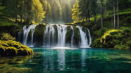 Beautiful waterfall in the forest. Summer landscape with a waterfall.の写真素材