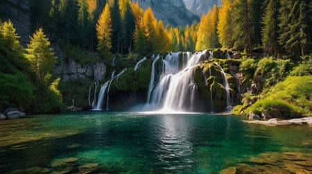 Waterfall in the autumn forest. Beautiful waterfall in the mountains.の写真素材