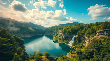 Beautiful panorama of Plitvice Lakes National Park in Croatiaの写真素材