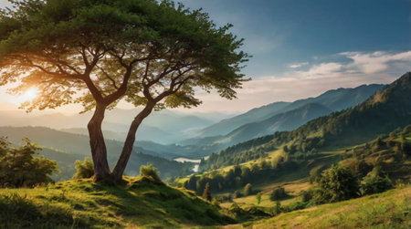 Panoramic landscape view of a lonely tree on a green meadow in the mountains.の写真素材
