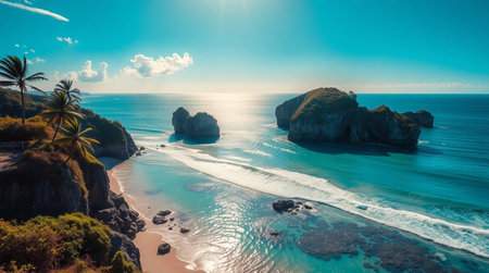 Aerial view of beautiful beach with turquoise water, cliffs and palm trees at sunsetの写真素材
