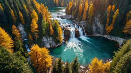 Aerial view of beautiful waterfall in autumn forest. Mountain river with a waterfall in the mountains.の写真素材