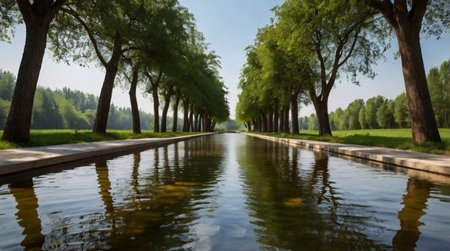 Canal in the park with trees reflected in water. Summer landscape.の写真素材