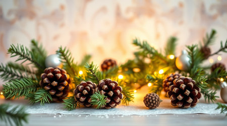 Christmas background with fir branches, cones and garland on a light backgroundの写真素材