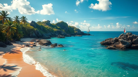 Panoramic view of Seychelles beach with palm trees.