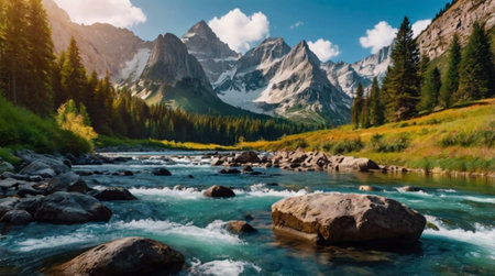 Panoramic view of the mountain river in the mountainsの写真素材
