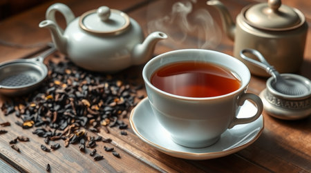 Cup of black tea with teapot on wooden table, closeupの写真素材