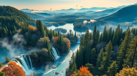 Beautiful panoramic view of the mountain river and forest in autumn