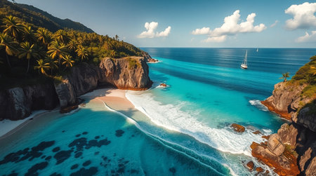 Aerial view of beautiful beach with turquoise water and rocksの写真素材