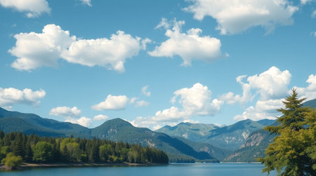 Panoramic view of the lake and mountains under blue sky with cloudsの写真素材