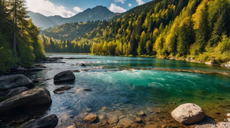 Mountain river with clear water in the Altai mountains, Russiaの写真素材