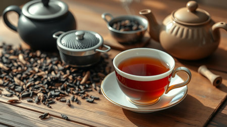 Cup of tea and teapot on wooden table, closeupの写真素材