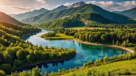 Beautiful view of the river in the mountains. Landscape with mountains, forests and river.の写真素材