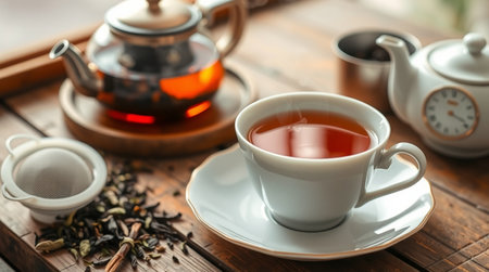 Cup of tea with teapot on wooden table, closeupの写真素材