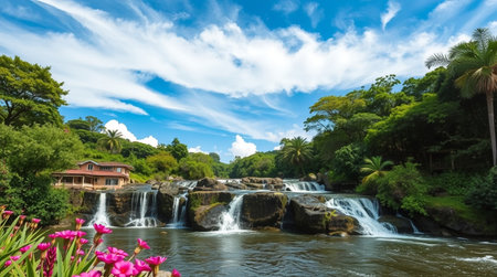 Panoramic view of a waterfall in the middle of the jungleの写真素材