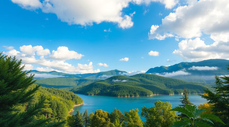 Landscape of mountain lake with blue sky and cloud in summer.の写真素材
