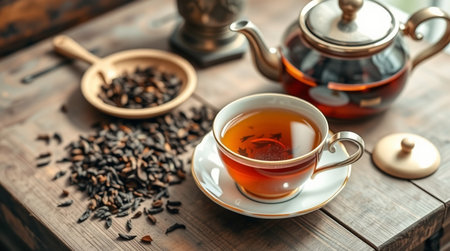 Cup of tea and teapot on wooden table, closeupの写真素材