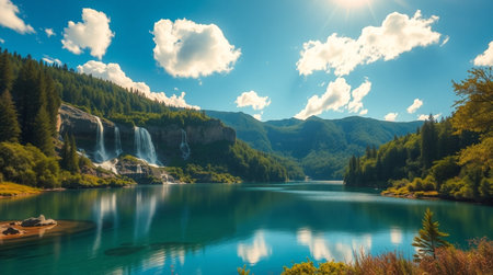 Beautiful alpine lake with waterfall in the mountains. Landscape with waterfalls.の写真素材