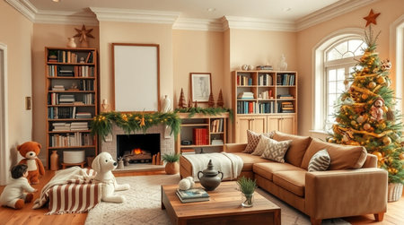 Interior of living room with Christmas tree, fireplace and comfortable sofaの写真素材