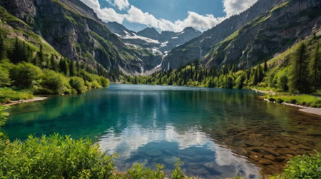 Panoramic view of the turquoise lake in the Alpsの写真素材