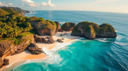 Aerial view of beautiful tropical beach with turquoise water and granite rocksの写真素材