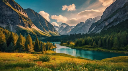 Panoramic view of the lake in the mountains. Beautiful summer landscape.の写真素材