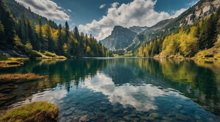 panoramic view of the lake in the italian alpsの写真素材