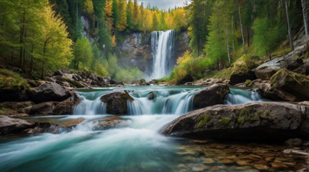 Beautiful waterfall in the autumn forest. Panoramic photo.の写真素材