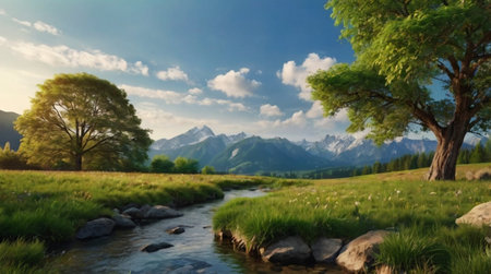 Beautiful landscape with mountain river and high mountains in the background.
