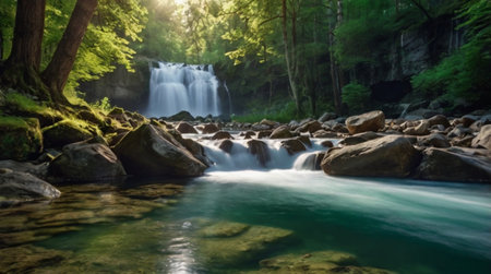 Waterfall in green forest. Beautiful nature scenery. Long exposure.の写真素材