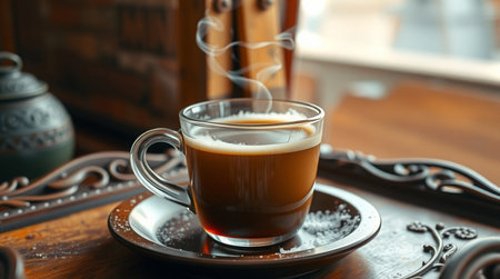 Cup of coffee on wooden table in cafe, closeup viewの写真素材