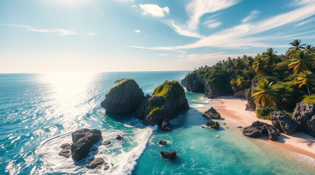 Aerial view of beautiful beach and sea with coconut palm tree at sunset timeの写真素材