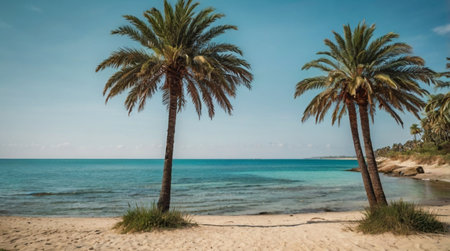 Palm trees on the beach in El Cotillo, Fuerteventuraの写真素材