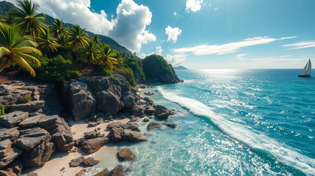 Panoramic view of Seychelles beach with palm treesの写真素材