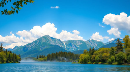 Mountain lake and blue sky with white clouds. Panoramic view.の写真素材