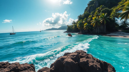 Panoramic view of beautiful beach on Seychelles.の写真素材