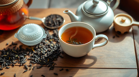 Teapot and cup of black tea on wooden table, stock photo