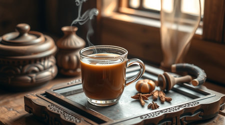 Coffee in a glass cup on an old wooden tray.の写真素材