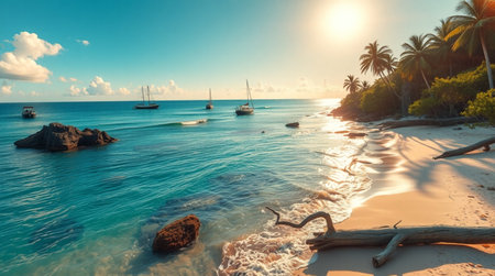 Tropical beach with palm trees and sailboats at sunset, Seychellesの写真素材