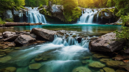 Beautiful waterfall in the forest. Summer landscape with a waterfall.の写真素材