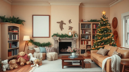 Christmas living room interior with Christmas tree and fireplace. 3d renderの写真素材