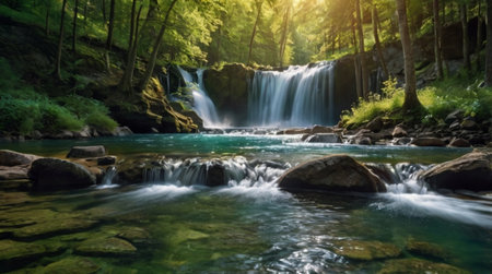 Waterfall in green forest, beautiful nature background with copy space.