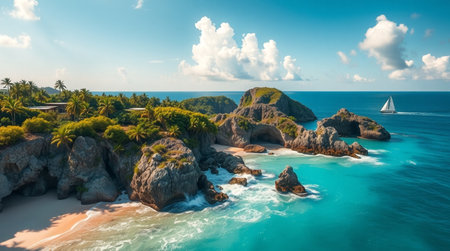 Aerial view of beautiful tropical beach with white sand, turquoise ocean and blue sky with white cloudsの写真素材