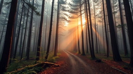 Sunrise in the pine forest in the morning. The path through the forest.の写真素材