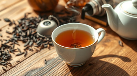 Cup of tea with teapot on wooden table, closeupの写真素材