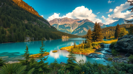 Fantastic panorama of turquoise emerald lake in the mountains. Picturesque and gorgeous scene. Location place Dolomites, Italy, Europe. Artistic style post processed photo. Beauty world.の写真素材
